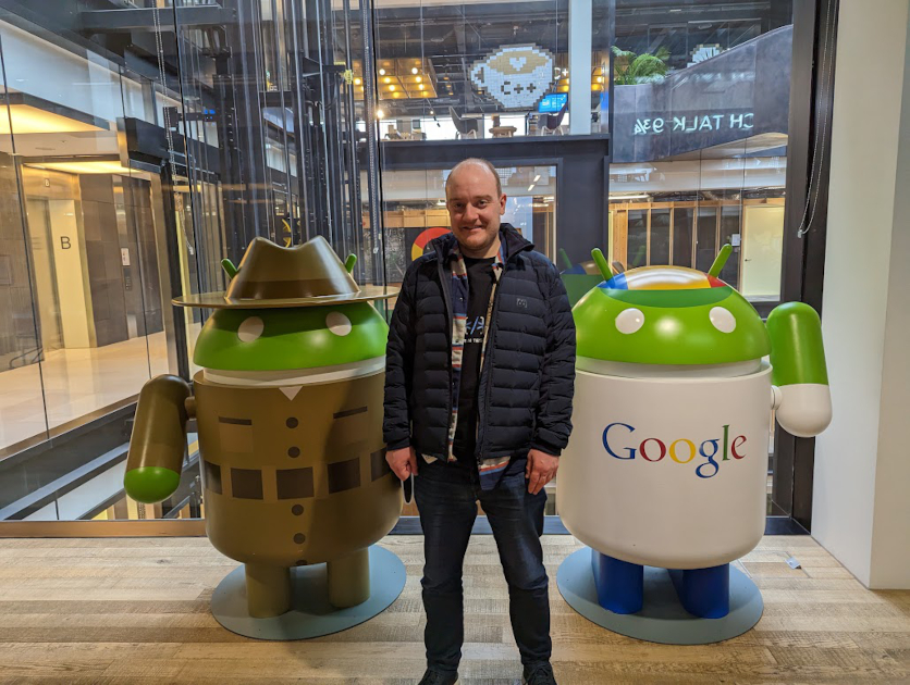 Posing with Android figures in the Google London Office